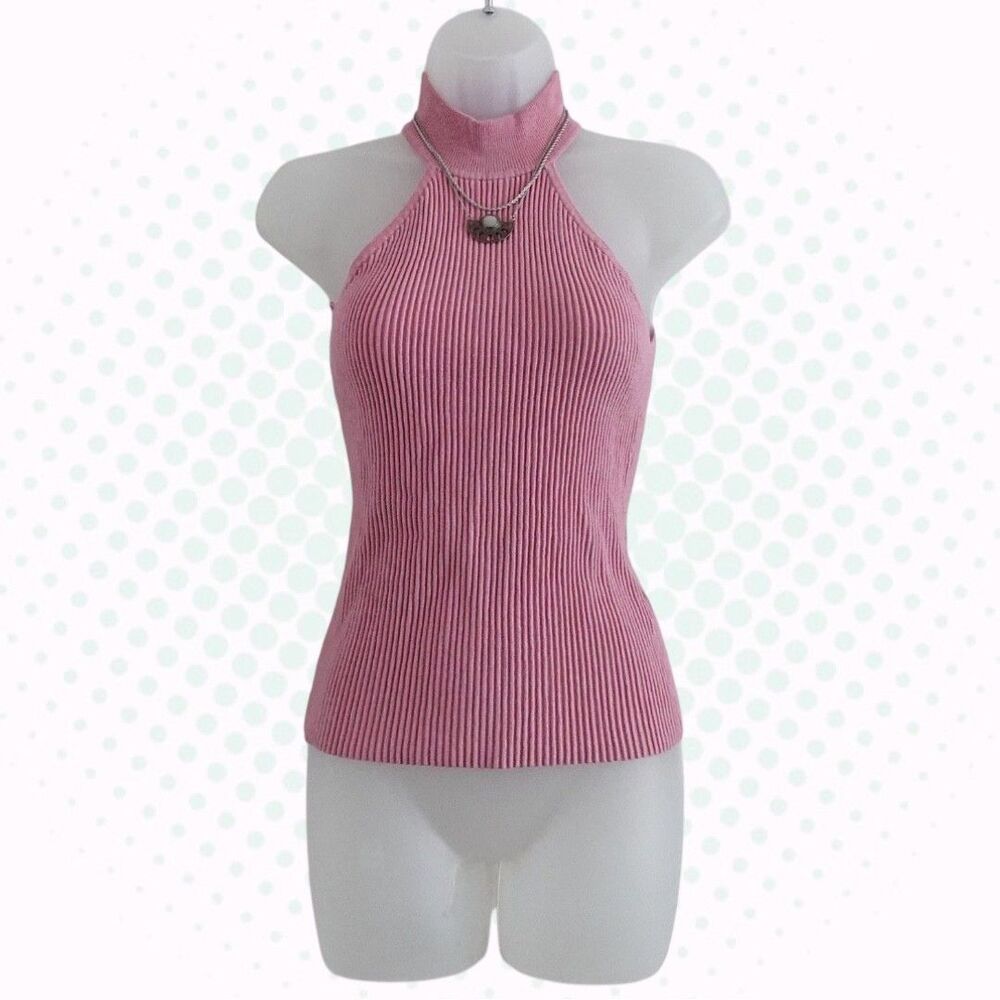 Guess Light Bubblegum Pink Halter Neck Sleeveless Ribbed Sweater Top Size XS